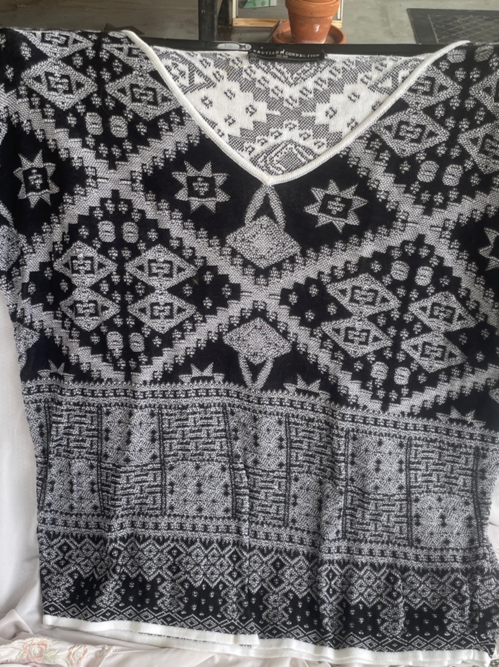 Peruvian Connection Black and White Nordic V-Neck Sweater with 3/4 sleeves